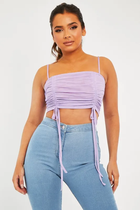 Lilac Mesh Ruched Square Neck Crop Top - Leyna sold by Rebellious Fashion