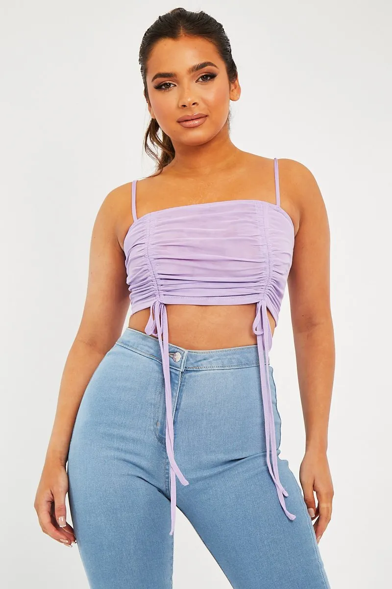 Lilac Mesh Ruched Square Neck Crop Top - Leyna sold by Rebellious Fashion