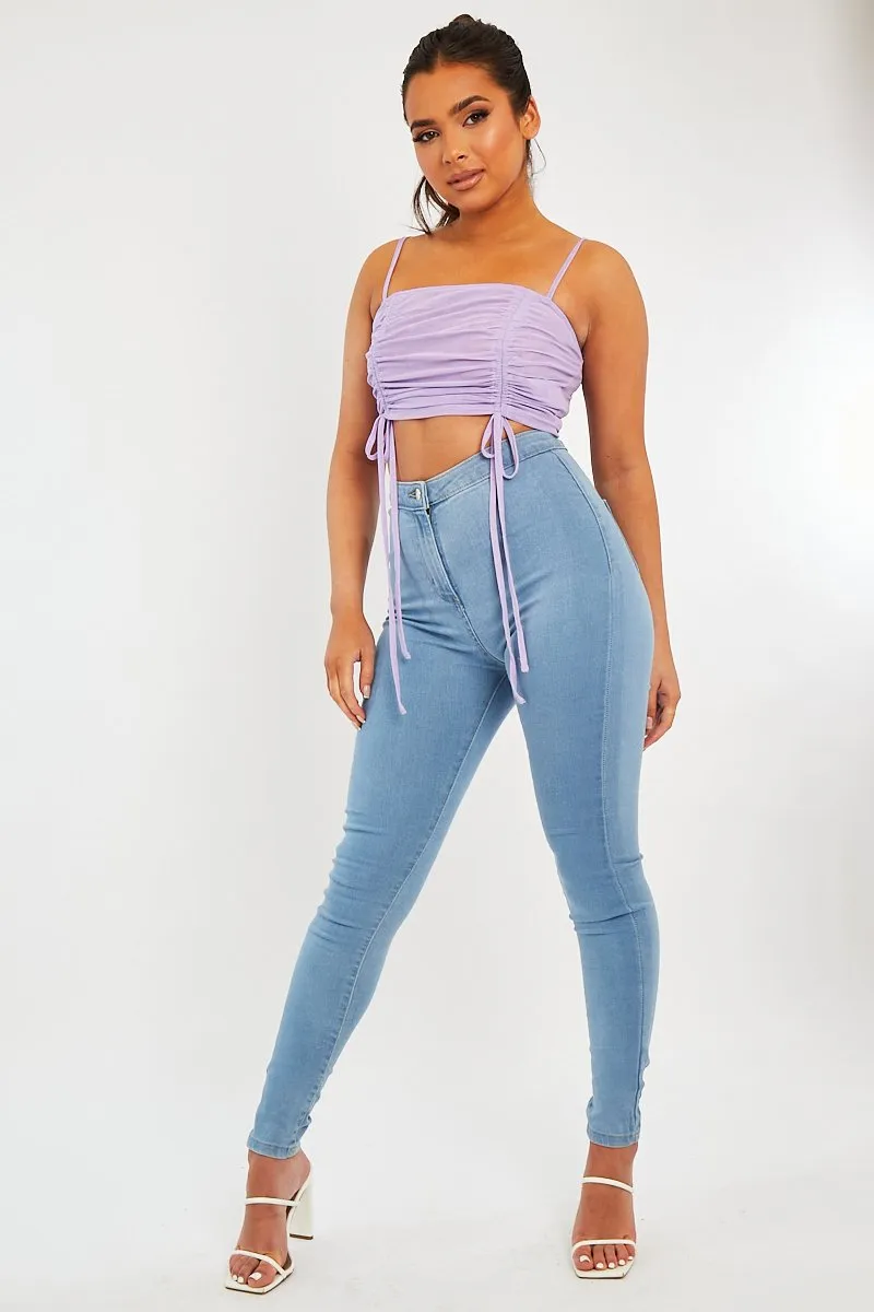 Lilac Mesh Ruched Square Neck Crop Top - Leyna sold by Rebellious Fashion product image thumbnail 3
