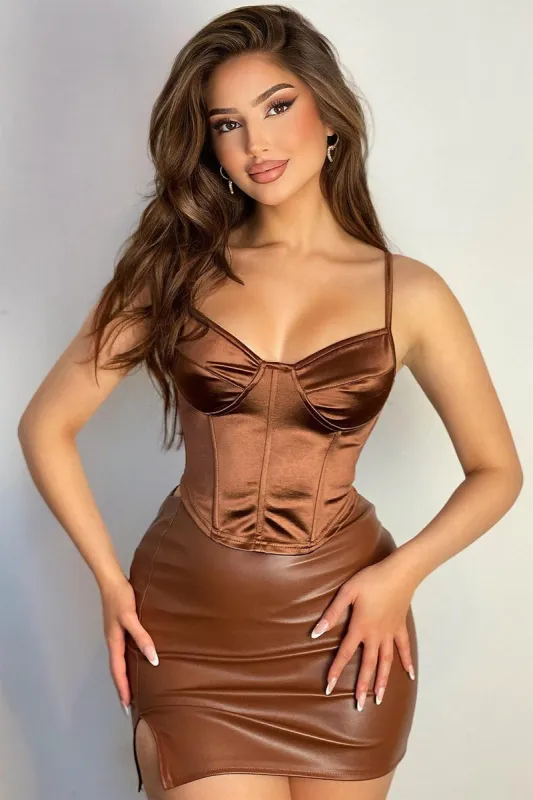 Chocolate Cupped Corset Crop Top - Dixie sold by Rebellious Fashion