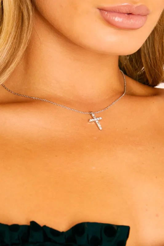 Silver Diamante Cross Necklace - Jouri sold by Rebellious Fashion