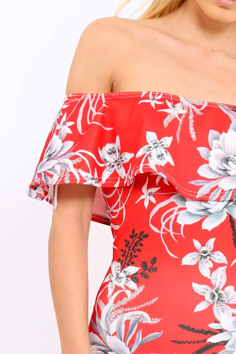 Red Floral Frill Bardot Bodycon Midi Dress - Aphra sold by Rebellious Fashion product image thumbnail 5