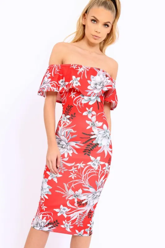 Red Floral Frill Bardot Bodycon Midi Dress - Aphra sold by Rebellious Fashion