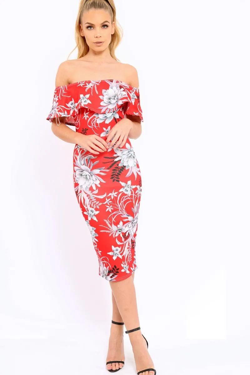 Red Floral Frill Bardot Bodycon Midi Dress - Aphra sold by Rebellious Fashion product image thumbnail 4
