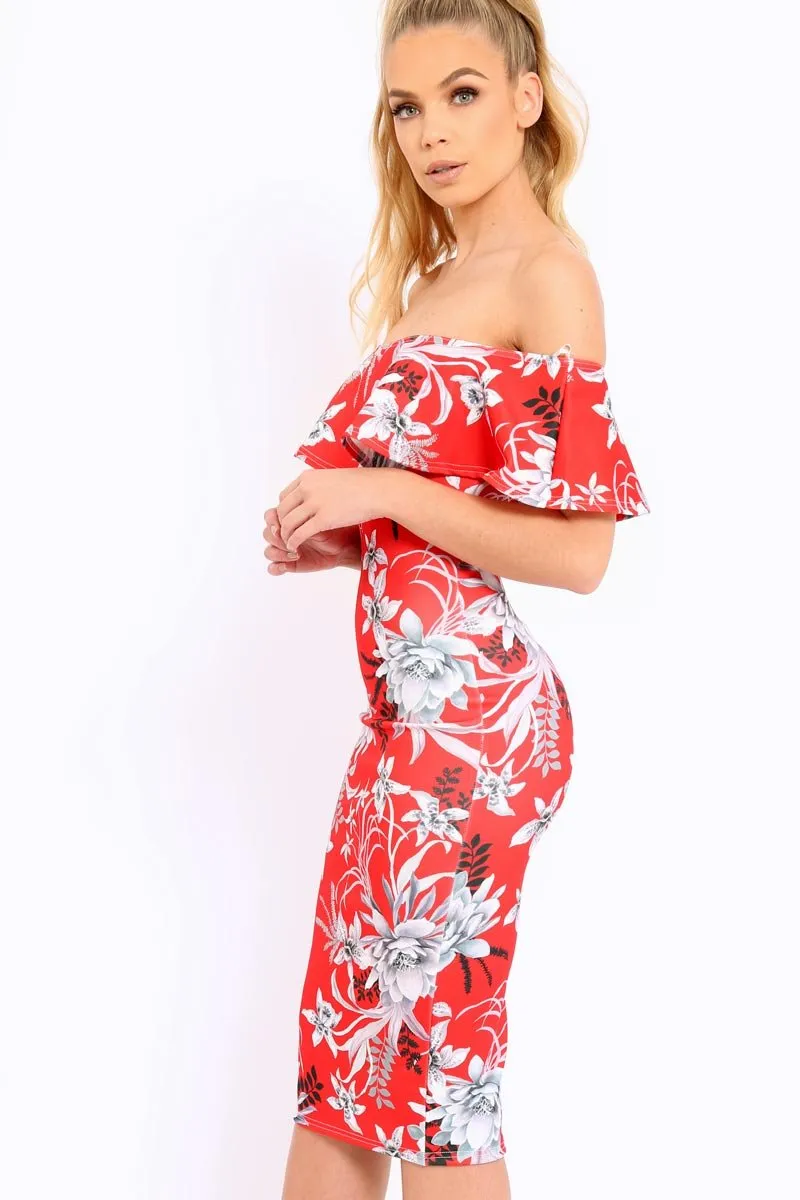 Red Floral Frill Bardot Bodycon Midi Dress - Aphra sold by Rebellious Fashion product image thumbnail 2