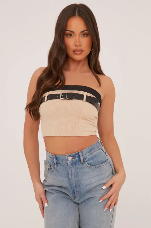 Stone Rib Knit Belt Detail Bandeau Cropped Top - Dela sold by Rebellious Fashion