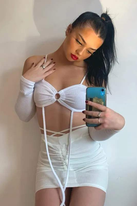 White Off the Shoulder Long sleeve Crop Top and Ruched Mini Skirt Set - Anthi sold by Rebellious Fashion