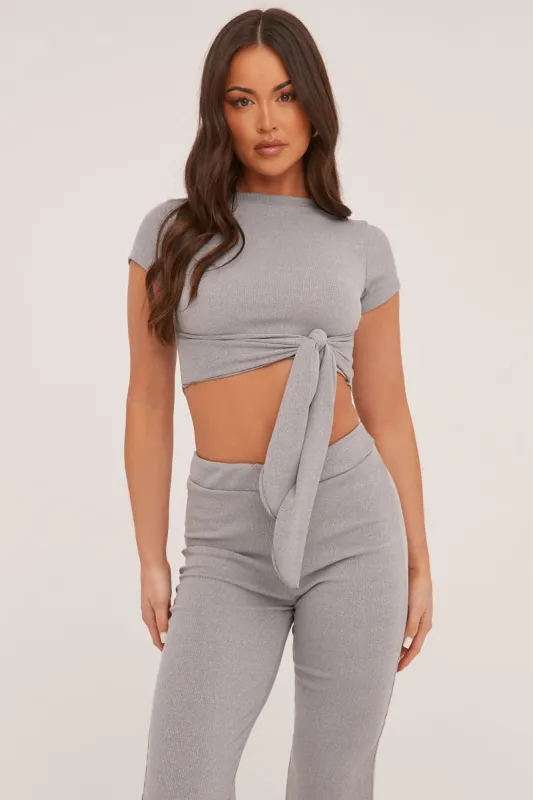 Grey Tie Front Cropped Top & Trousers Co-ord Set - Penney sold by Rebellious Fashion