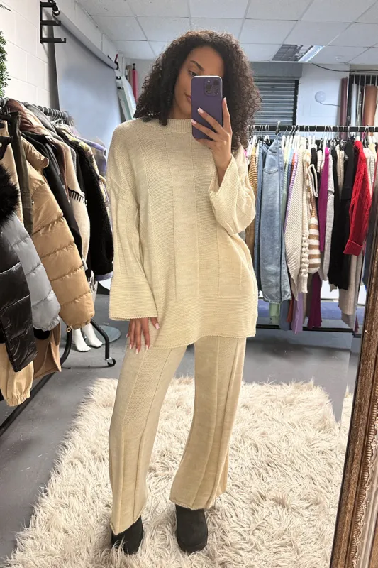 Beige Oversized Round Neck Knitted Co-ord Set - Pihu sold by Rebellious Fashion