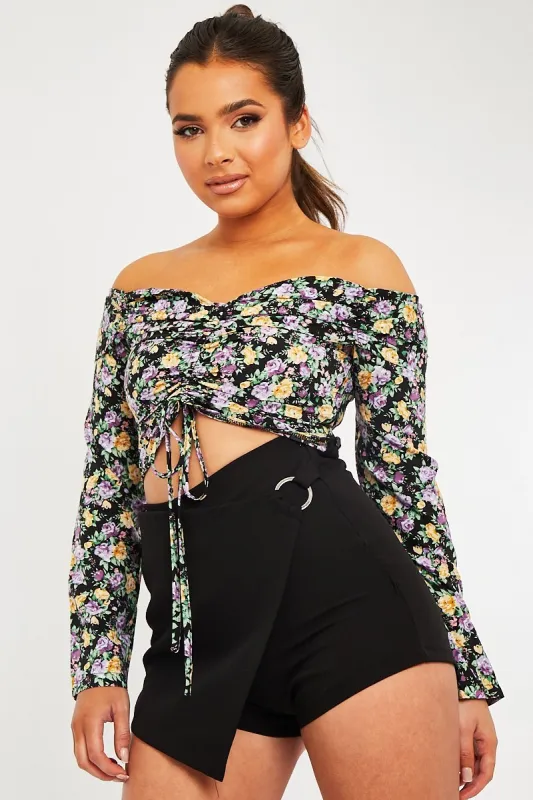 Purple Floral Ruched Centre Bardot Crop Top - Heily sold by Rebellious Fashion