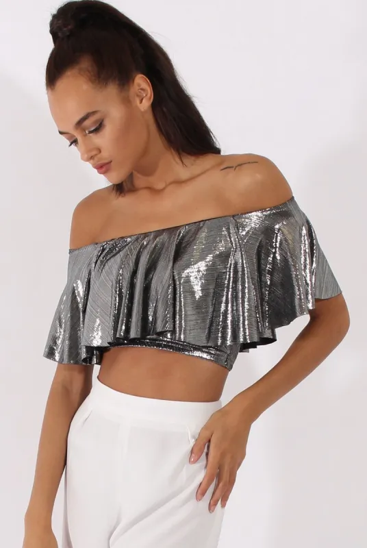 Silver Metallic Bardot Frill Crop Top - Ariana made by Rebellious Fashion