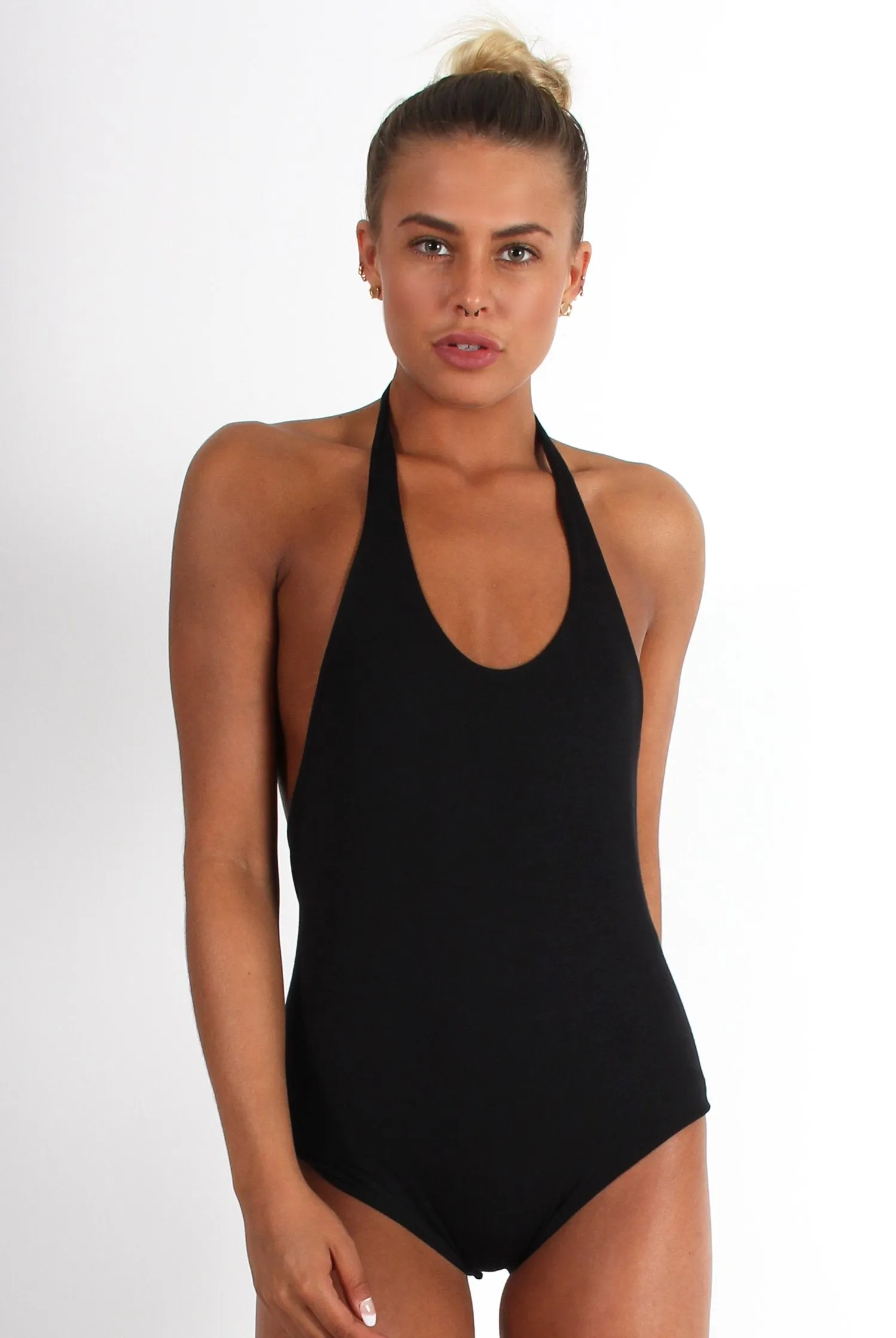Athene Black Halter Neck Bodysuit sold by Rebellious Fashion