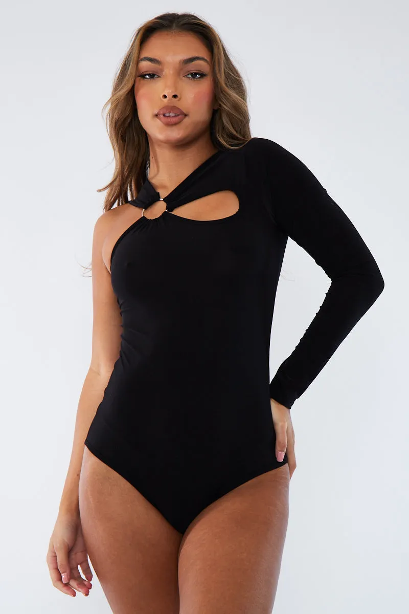 Black Slinky Cut Out Ring Detail Bodysuit - Klara sold by Rebellious Fashion product image thumbnail 3