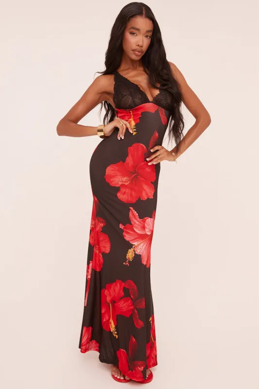 Black Lace Trim Floral Print Maxi Dress - Lelia sold by Rebellious Fashion
