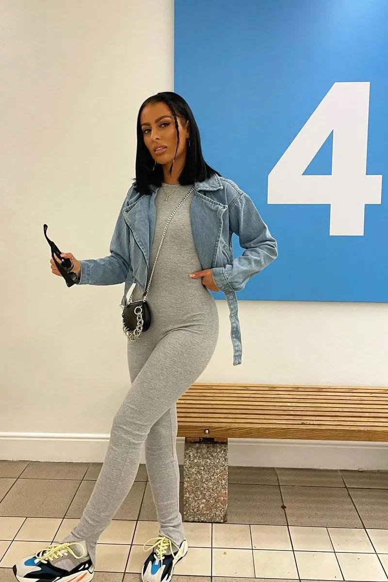 Grey Ribbed Racer Neckline Jumpsuit - Kila sold by Rebellious Fashion