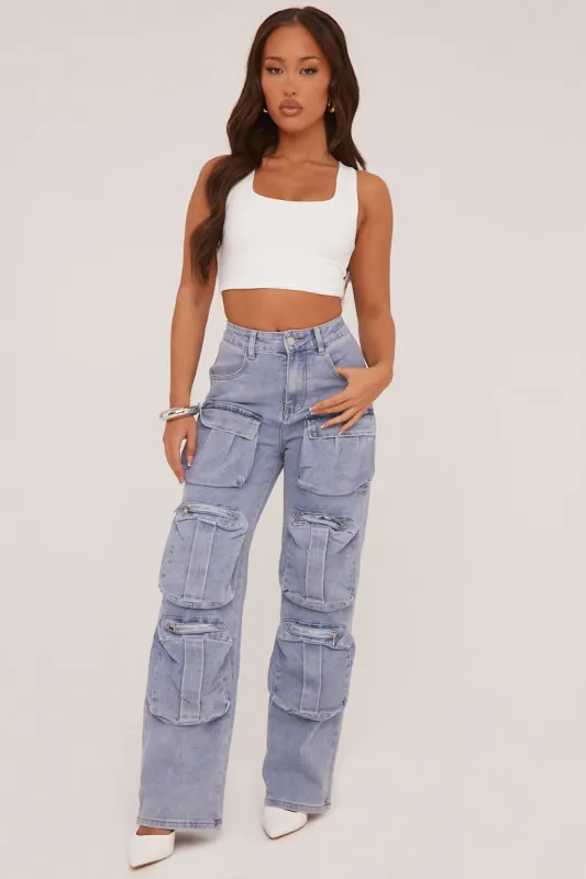 Light Blue Denim Cargo Trousers - Daisy sold by Rebellious Fashion