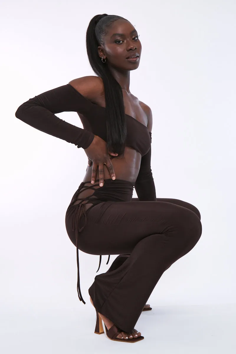 Chocolate Slinky Bardot Crop Top & Lace Up Trouser Set - Shay sold by Rebellious Fashion product image thumbnail 3