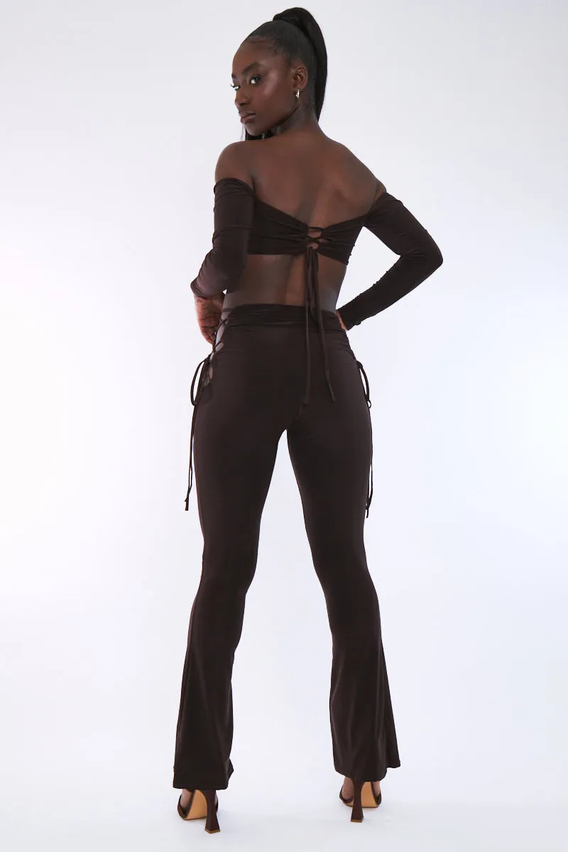 Chocolate Slinky Bardot Crop Top & Lace Up Trouser Set - Shay sold by Rebellious Fashion product image thumbnail 4