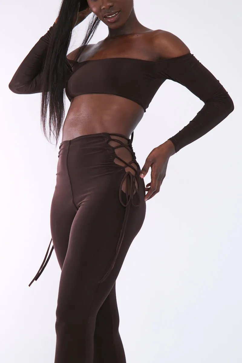 Chocolate Slinky Bardot Crop Top & Lace Up Trouser Set - Shay sold by Rebellious Fashion product image thumbnail 5