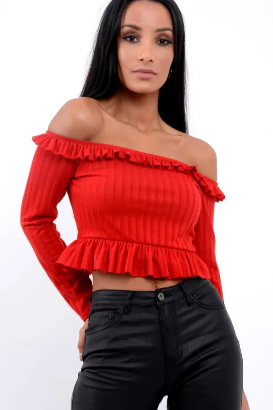 Red Ruffle Hem Ribbed Bardot Crop Top - Kaitlyn sold by Rebellious Fashion