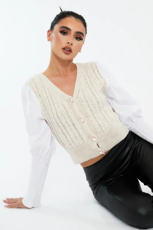 Cream Contrast Sleeves Knitted Top - Mckaela sold by Rebellious Fashion