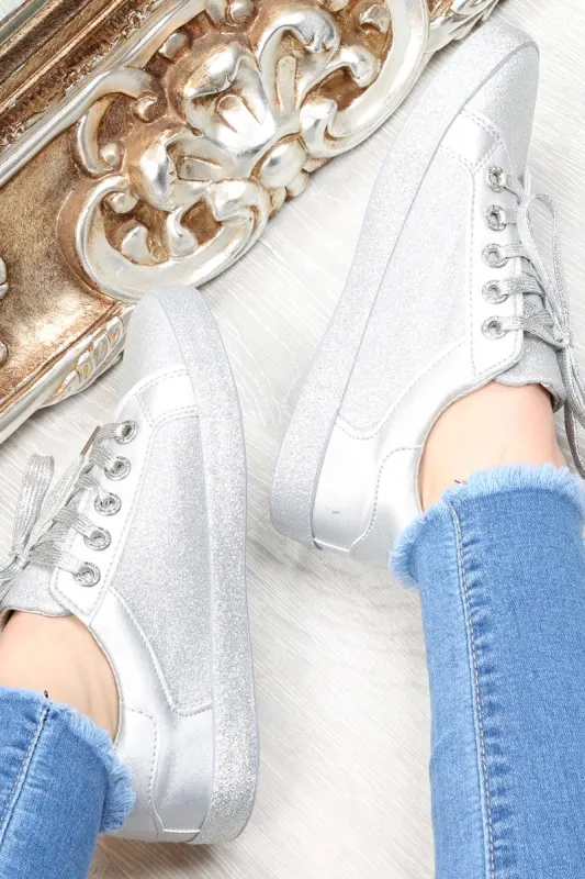 Silver Lace Up Glitter Trainers - Siarra sold by Rebellious Fashion