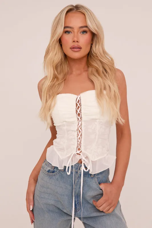 Cream Embroidered Lace Up Detail Crop Top - Parker sold by Rebellious Fashion