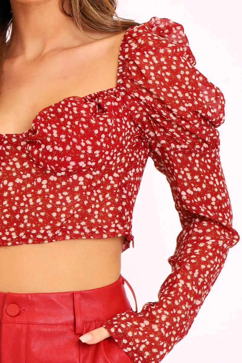 Red Floral Print Puff Sleeve Milkmaid Crop Top - Caddie sold by Rebellious Fashion product image thumbnail 5