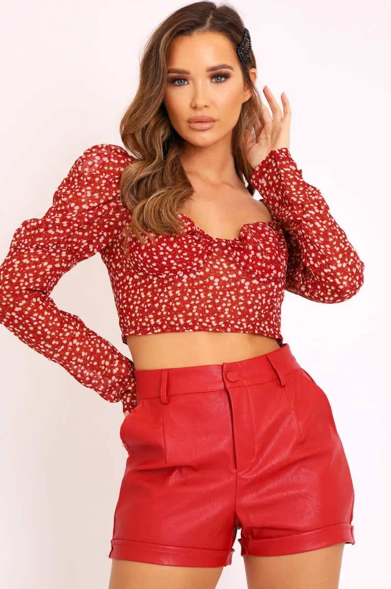 Red Floral Print Puff Sleeve Milkmaid Crop Top - Caddie sold by Rebellious Fashion product image thumbnail 2