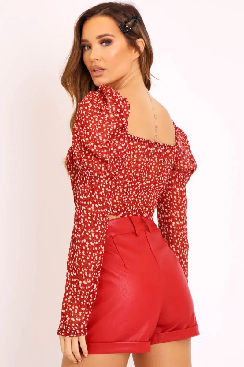 Red Floral Print Puff Sleeve Milkmaid Crop Top - Caddie sold by Rebellious Fashion product image thumbnail 4