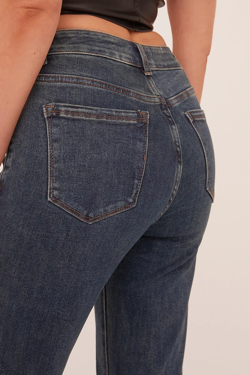 Mid Blue Stretch Hight Waist Straight Leg Jeans - Neona sold by Rebellious Fashion product image thumbnail 3