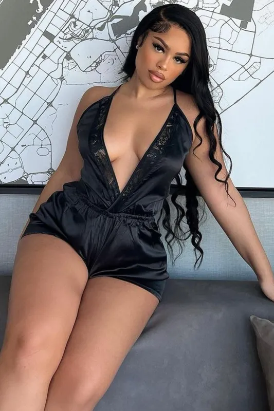 Black Plunge Satin Playsuit - Joss sold by Rebellious Fashion