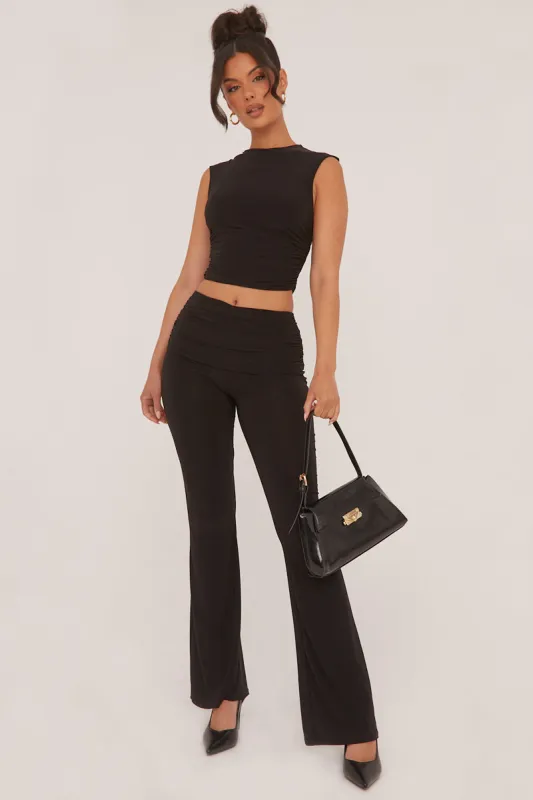 Black Ruched Cropped Top & Trousers Co-ord Set - Edie sold by Rebellious Fashion