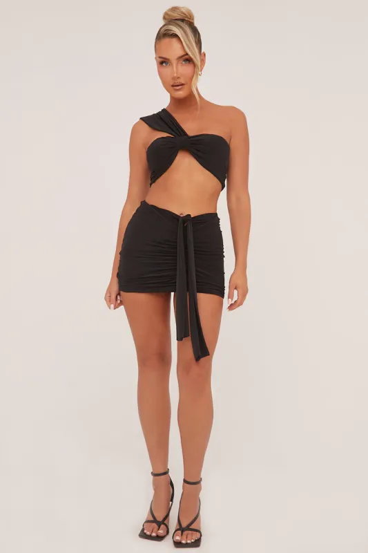 Black One Shoulder Cropped Top & Ruched Mini skirt Co-ord Set - Dahlia sold by Rebellious Fashion