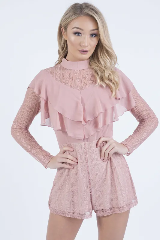 Pink High Neck Frill Lace Playsuit - Katie sold by Rebellious Fashion