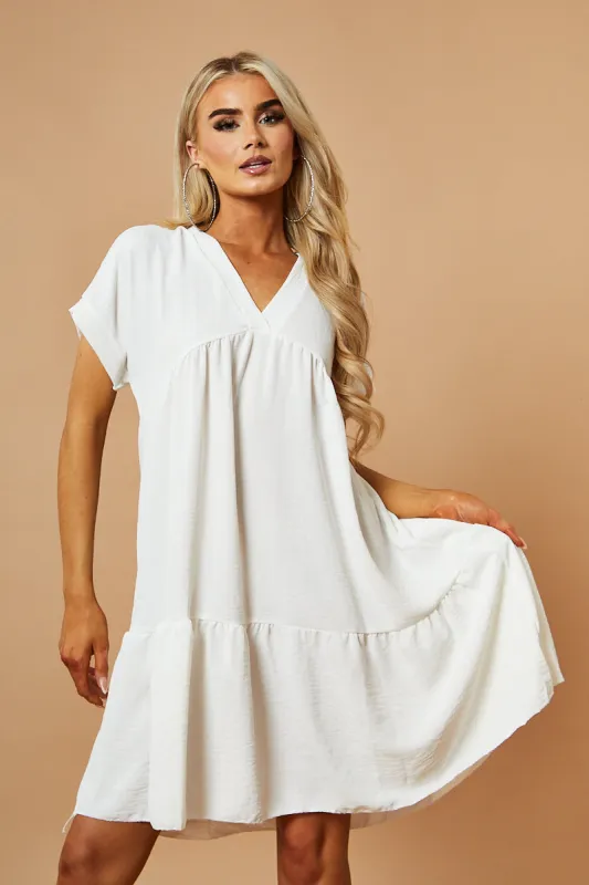 White V-Neck Tiered Frill Mini Dress - Kate sold by Rebellious Fashion