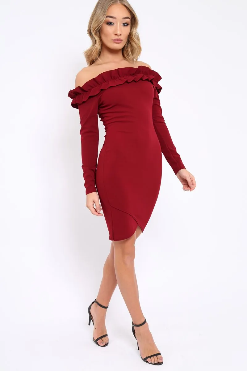 Wine Ruffle Bardot Bodycon Dress - Alix sold by Rebellious Fashion product image thumbnail 2