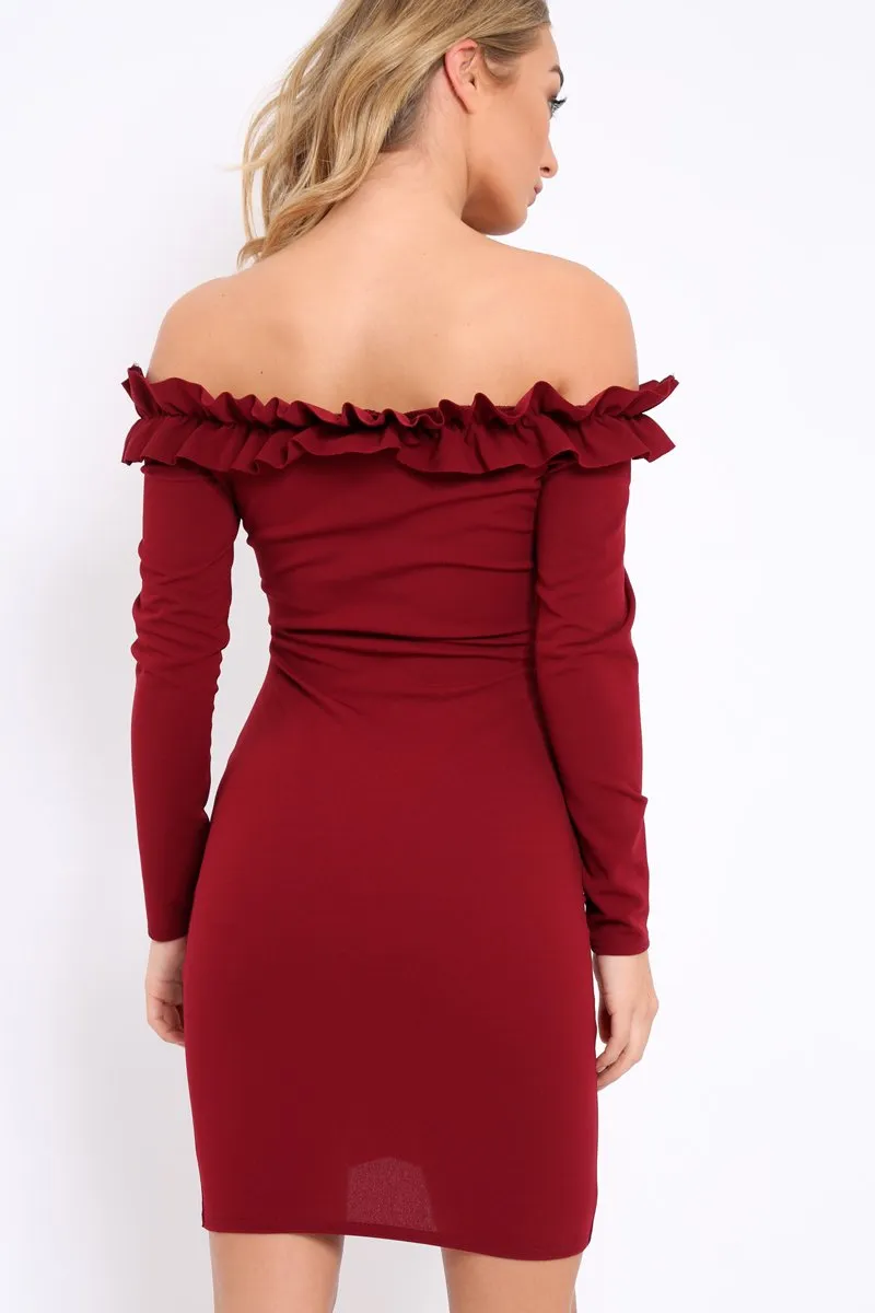 Wine Ruffle Bardot Bodycon Dress - Alix sold by Rebellious Fashion product image thumbnail 4