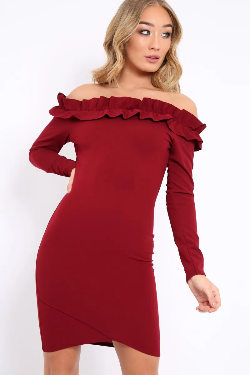 Wine Ruffle Bardot Bodycon Dress - Alix sold by Rebellious Fashion