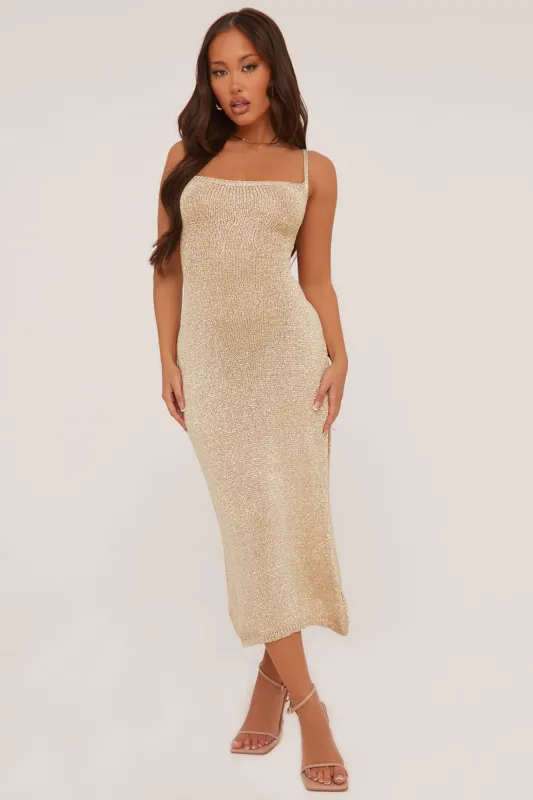 Gold Metallic Knit Side Slit Lace Maxi Dress - Kamiah sold by Rebellious Fashion