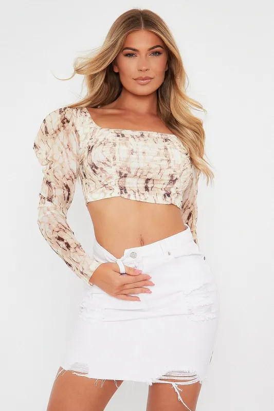 Beige Marble Print Ruched Crop Top - Tina made by Rebellious Fashion