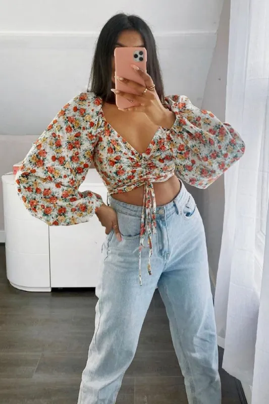 Red Floral Ruched Centre Bardot Crop Top - Heily sold by Rebellious Fashion