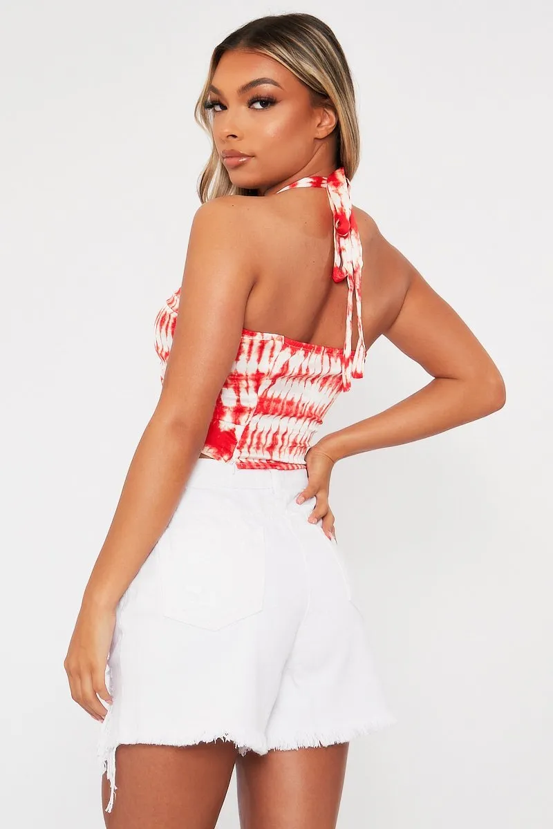 Red Ruched Tie Dye Tie Neck Crop Top - Joyce sold by Rebellious Fashion product image thumbnail 4