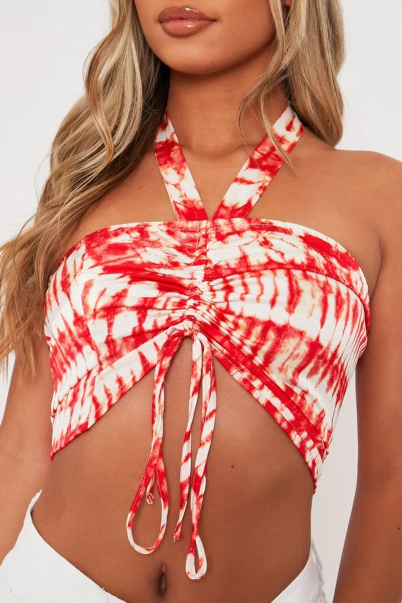 Red Ruched Tie Dye Tie Neck Crop Top - Joyce sold by Rebellious Fashion product image thumbnail 3