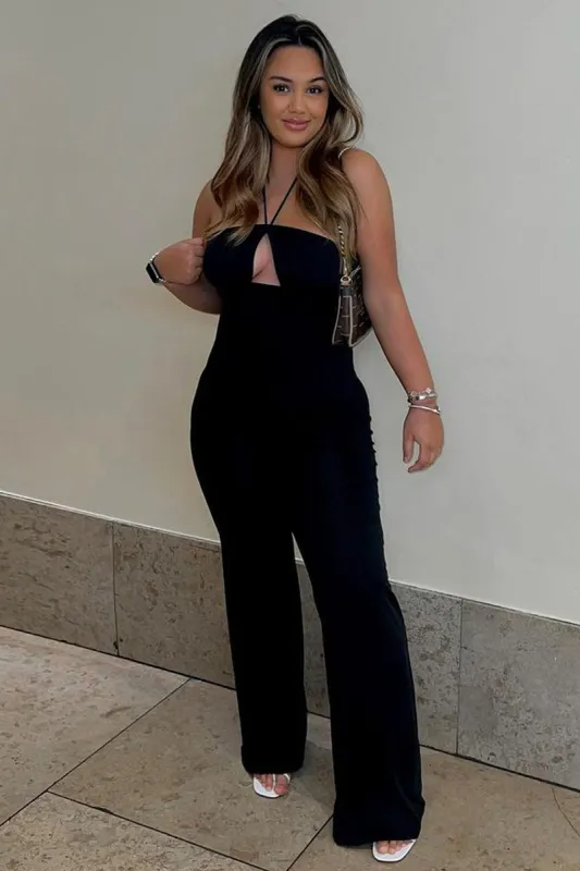 Black Cut Out Halter Neck Wide Leg Jumpsuit - Fiona sold by Rebellious Fashion