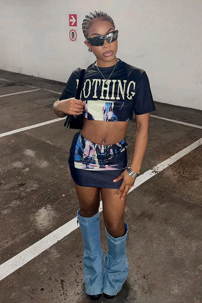 Black Abstract Print Cropped Top & Mini Skirt Co-ord Set - Flora sold by Rebellious Fashion