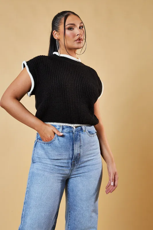 Black Knitted Contrast Edge Cropped Top - Bethany sold by Rebellious Fashion