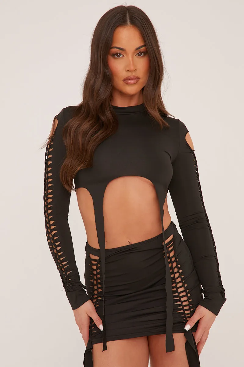 Black Knot Detail Crop Top & Mini Skirt Set - Isabel sold by Rebellious Fashion