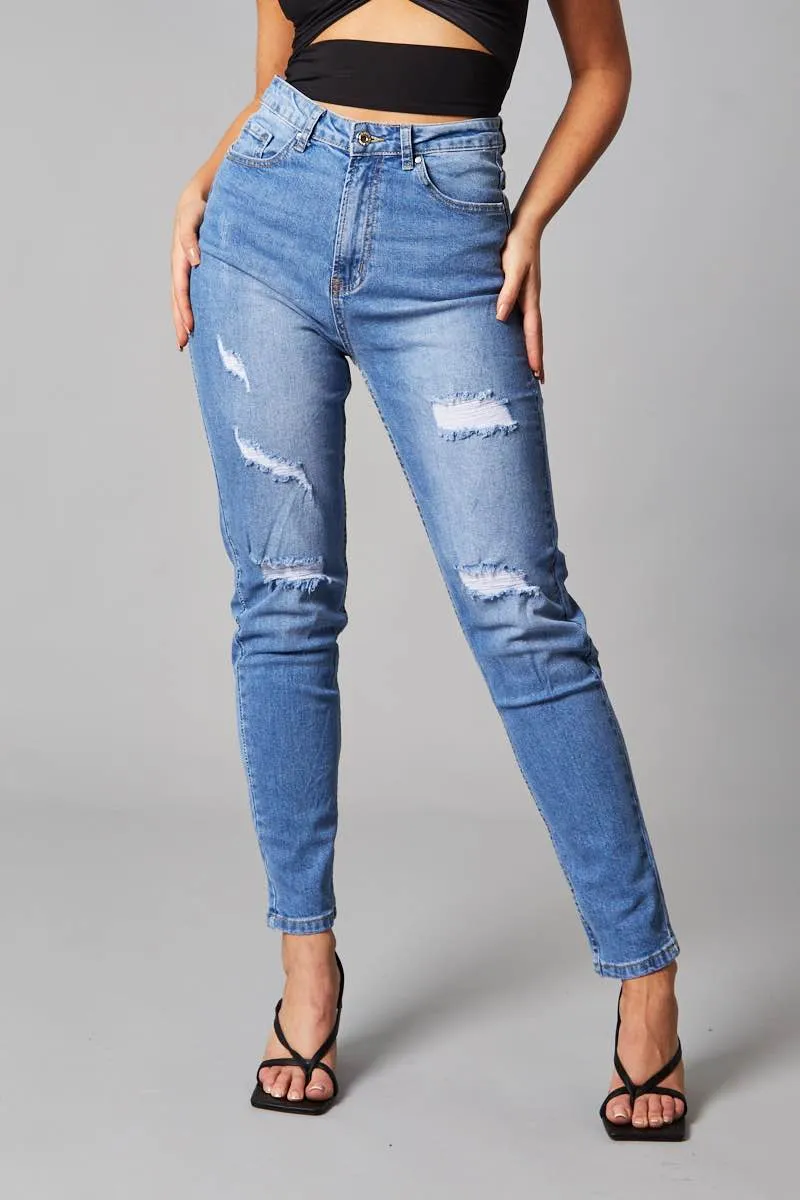 Mid Blue Distressed Straight Jeans - Atria sold by Rebellious Fashion product image thumbnail 3