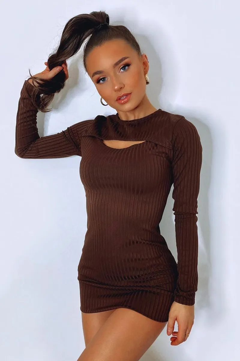 Brown Ribbed Cut Out Mini Dress - Ayana sold by Rebellious Fashion product image thumbnail 4